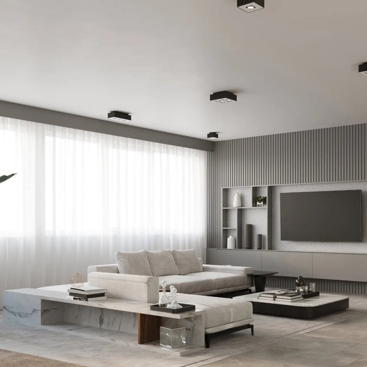 Luminaire plafonnier mono 1 noir dans un salon moderne avec un canapé blanc et des spots allongés encastrés au plafond