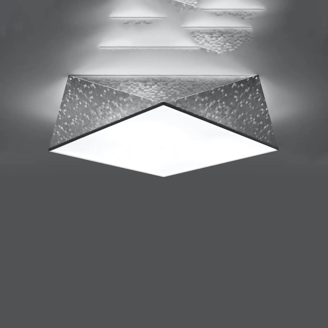 Plafonnier hexa design géométrique moderne en métal argenté texturé avec éclairage central carré blanc lumineux