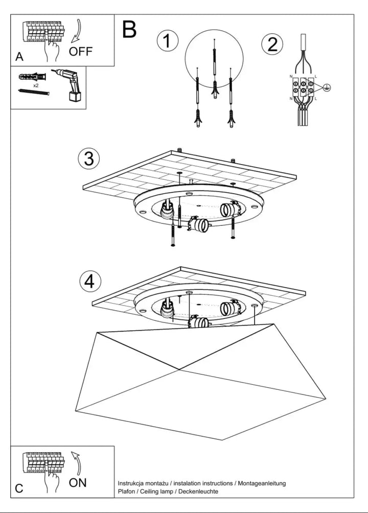 Plafonnier hexa 45 argent avec plaque de fixation à motif quadrillé et trois supports de lampe orientés vers le bas