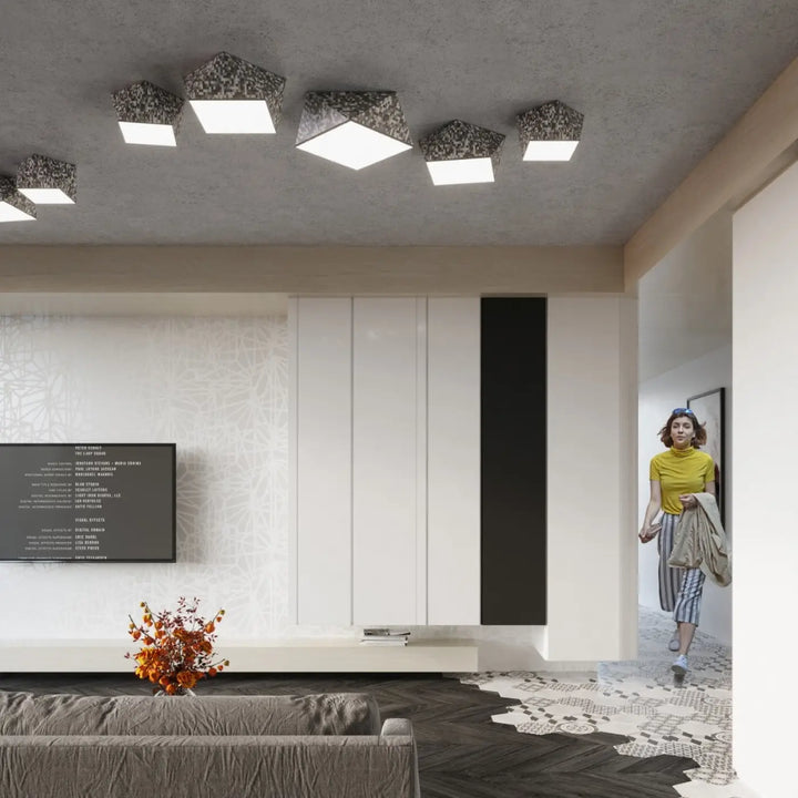 Plafonnier hexa 45 argent avec finition texturée noire et blanche speckled pour un plafonnier exclusif design