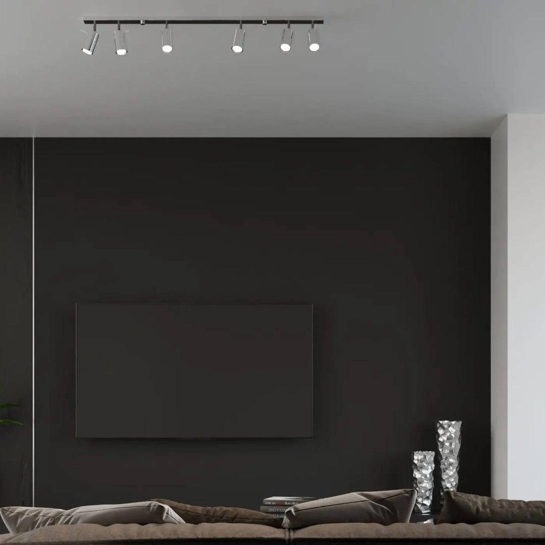 Luminaire plafonnier ring 3 chromé avec cinq spots réglables noirs que vous pouvez facilement installer
