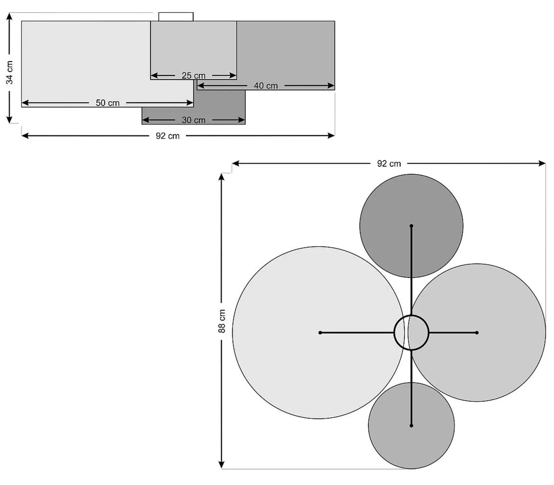 Plan de sol géométrique gris et blanc avec dimensions pour plafonnier 4FLAMES boho élégant aux couleurs naturelles