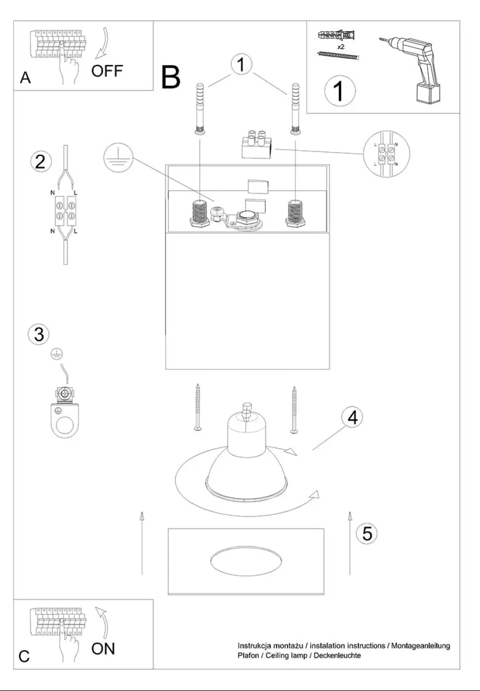 Diagramme d’installation facile pour lampe luminaire plafonnier industriel hati gris avec composants étiquetés