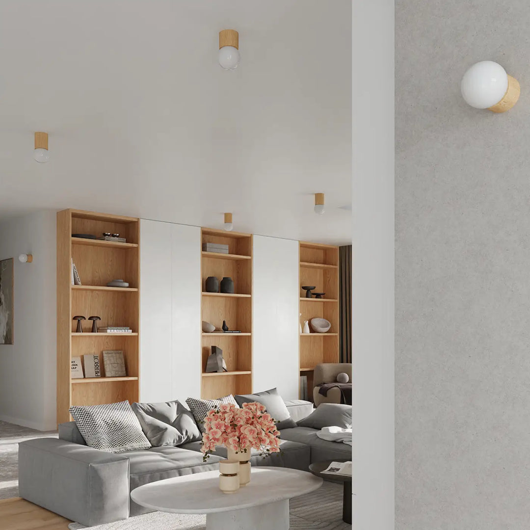 Luminaire plafonnier boomo 8 avec lampes boomo style raffiné minimalisme scandinave globes en verre dépoli et bois chaud