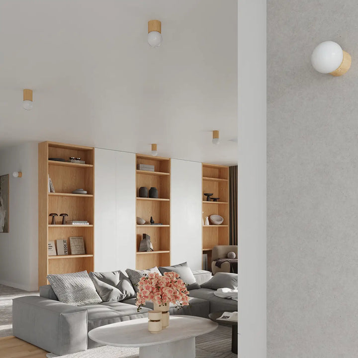 Luminaire plafonnier boomo 8 avec lampes boomo style raffiné minimalisme scandinave globes en verre dépoli et bois chaud
