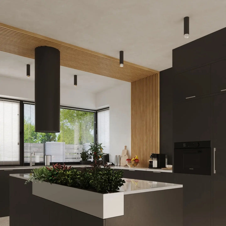 Luminaire plafonnier noir chrome design moderne avec ilot de cuisine blanc et gris foncé et jardinière intégrée