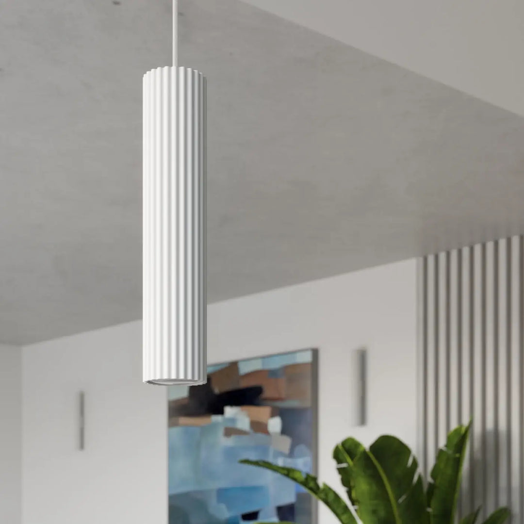 Plafonnier karbon blanc cylindrique avec rainures verticales design minimaliste et ampoules gu10 interchangeables