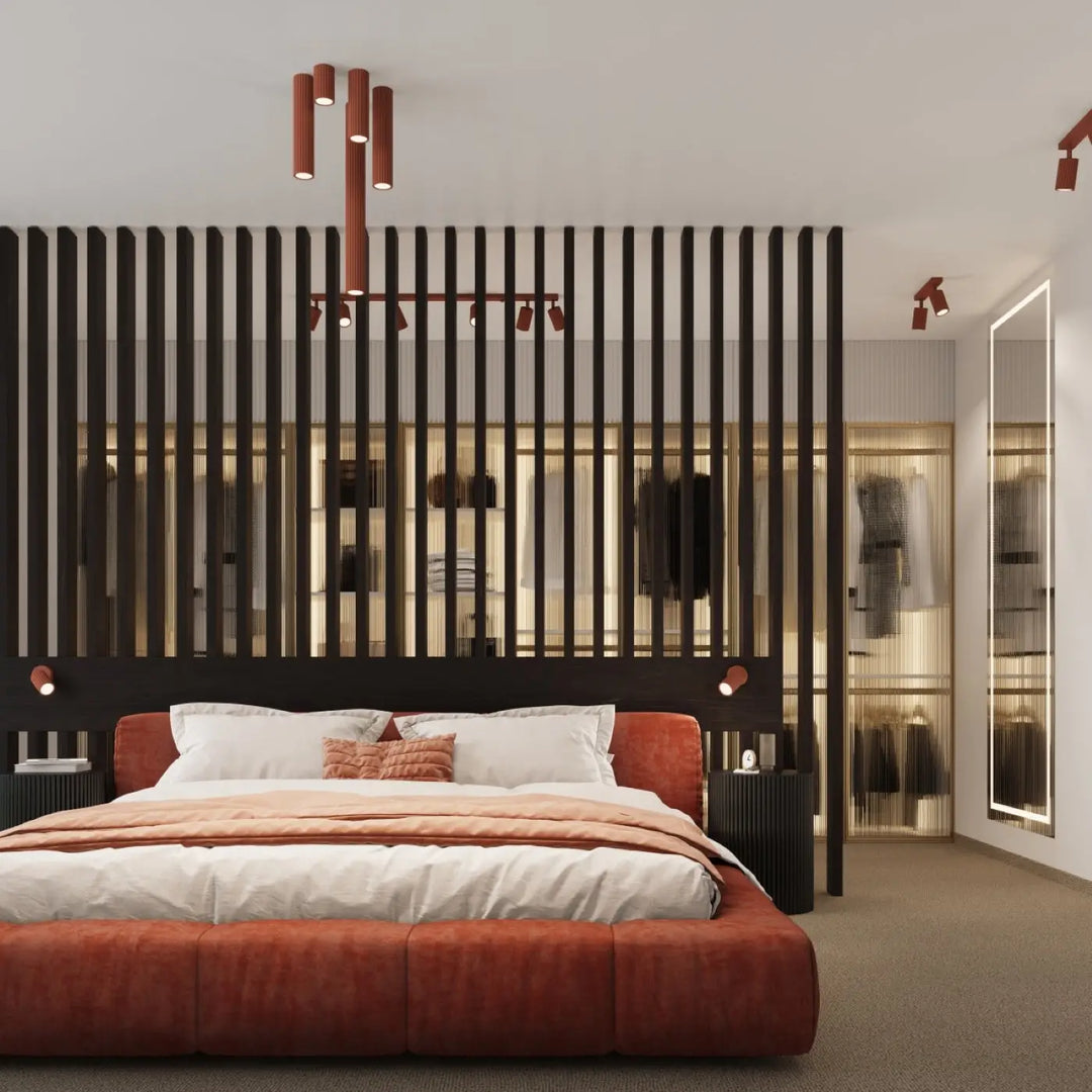 Lit avec tissu orange ocre, tête de lit assortie, illustrant un design minimaliste adapté aux plafonnier karbon allie
