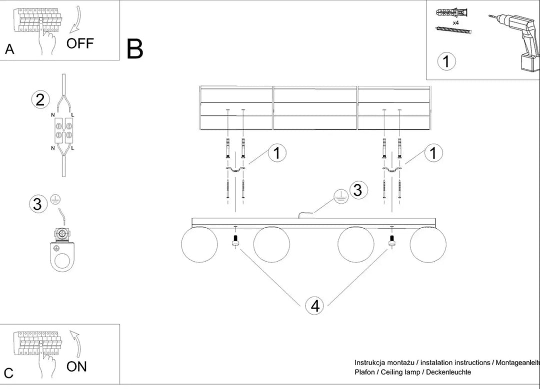 Diagramme dinstallation de plafon yoli 4 blanc montrant les composants pour montage et câblage classe à part