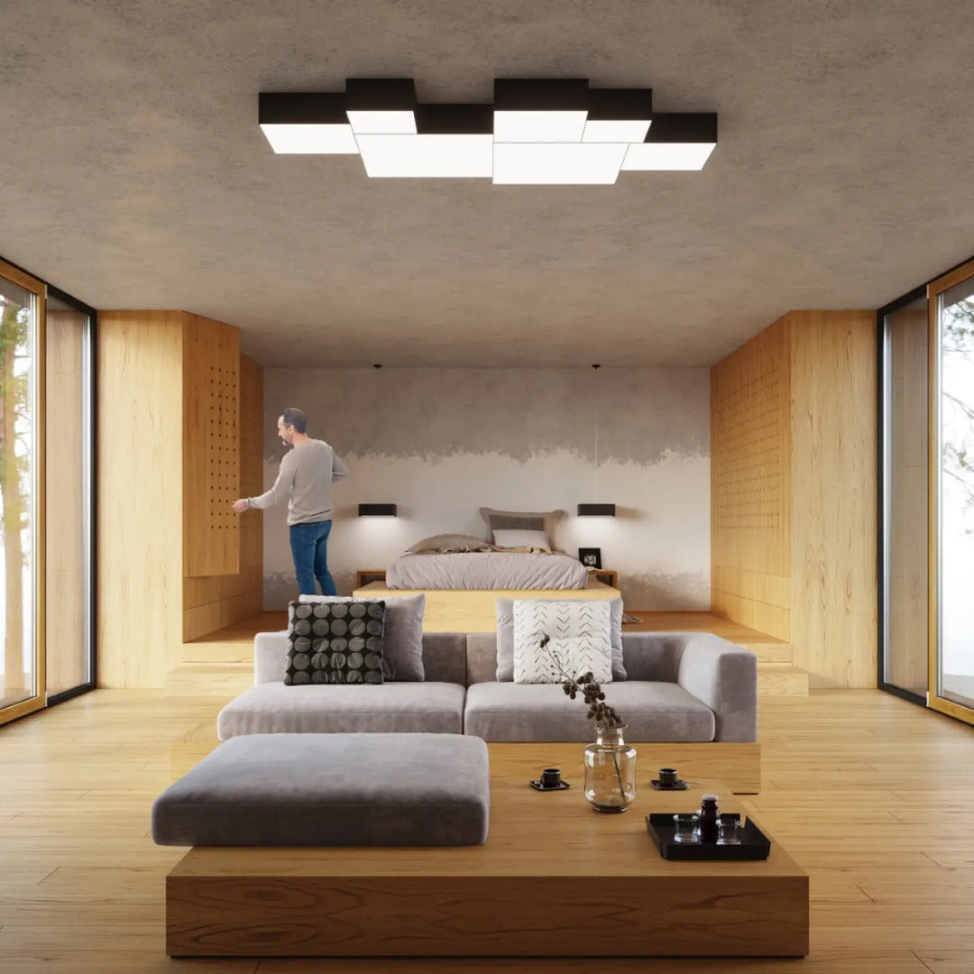 Luminaire plafonnier horus 55 noir avec plafonnier carré noir et blanc en forme riche pour éclairage polyvalent