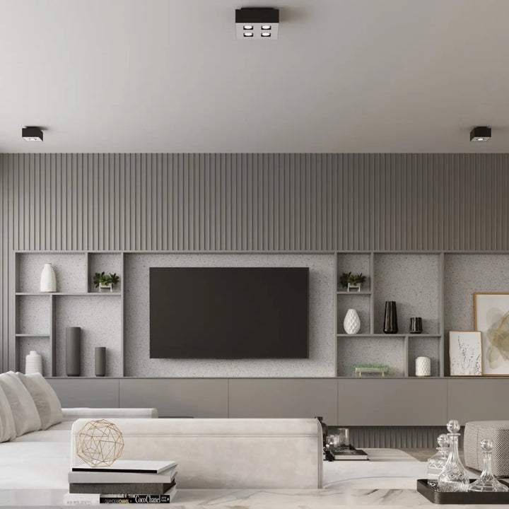 Plafonnier moderne mono 2 noir avec quatre sources lumineuses spot allongé intégrées dans un design carré