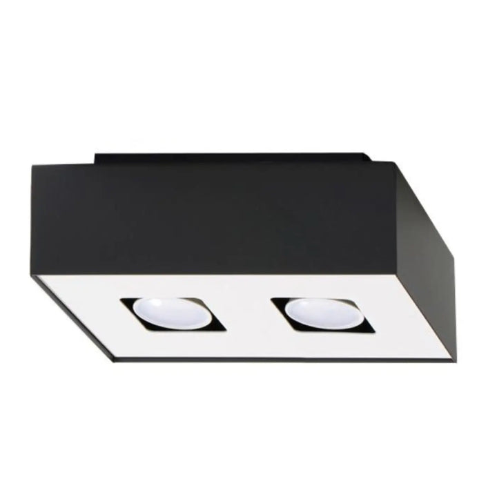 Plafonnier moderne mono noir avec deux sources lumineuses led circulaires et spot allongé design rectangulaire