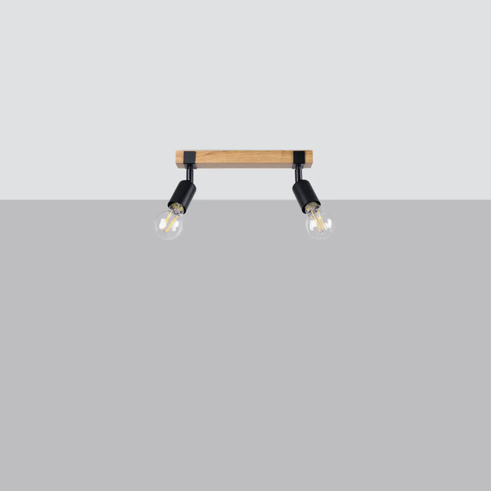 Luminaire plafonnier série zuca 2 noir avec barre en bois naturel, bras métalliques noirs et ampoules décoratives visibles