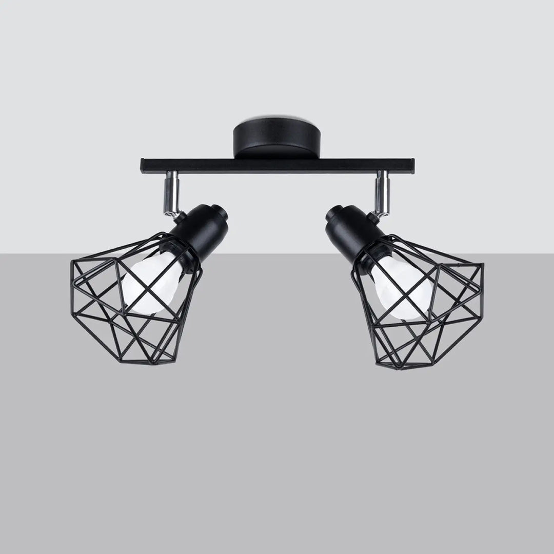 Luminaire plafonnier série artemis noir avec deux cages géométriques en fil métallique, appliques créeront une atmosphère intime