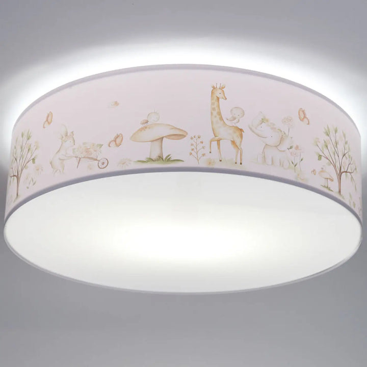 Luminaire plafonnier enfant blanc avec illustration délicate d’animaux de la forêt et champignons beige vert blanc