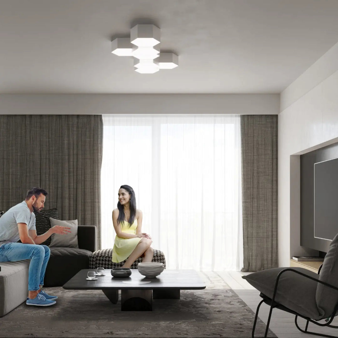 Luminaire plafonnier sunde 11 blanc avec formes géométriques hexagonales modernes en blanc pour éclairage intérieur