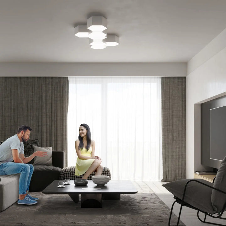 Luminaire plafonnier sunde 11 blanc avec formes géométriques hexagonales modernes en blanc pour éclairage intérieur