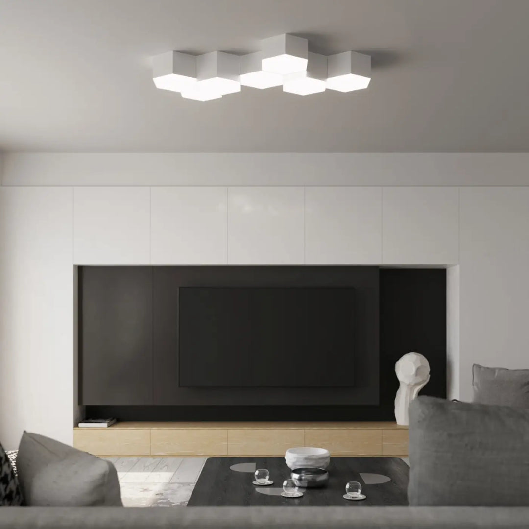 Luminaire plafonnier sunde 11 blanc avec formes géométriques hexagonales modernes et design minimaliste en blanc