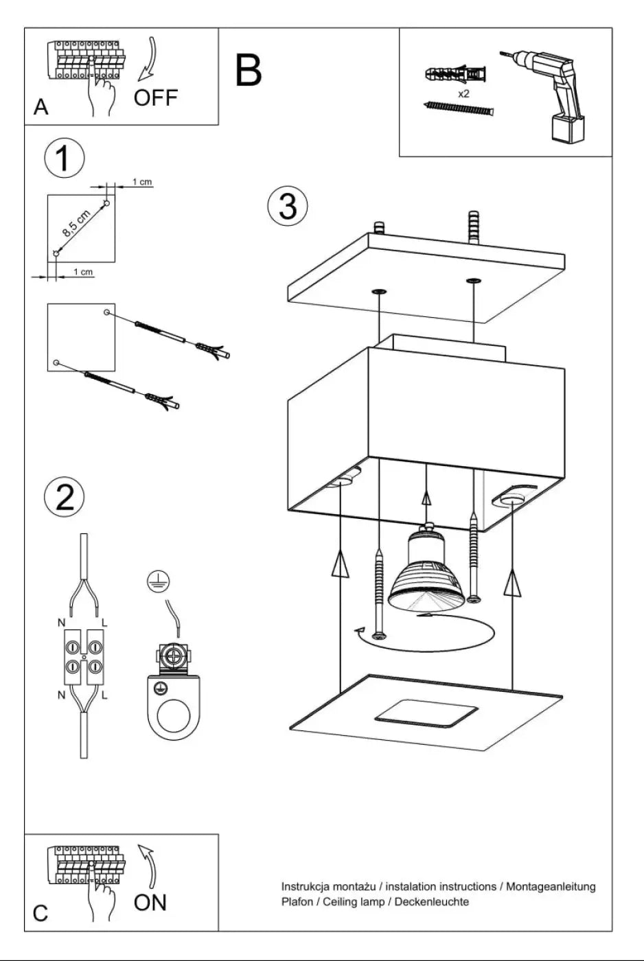 Diagramme dassemblage dun plafonnier moderne mono blanc montrant les composants et linstallation dun spot allongé ajustable