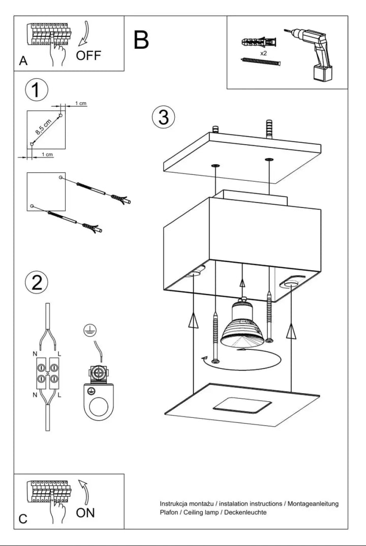 Diagramme dassemblage dun plafonnier moderne mono blanc montrant les composants et linstallation dun spot allongé ajustable