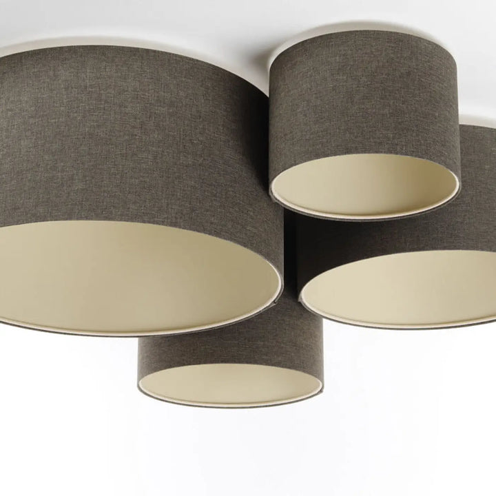 Luminaire plafond with quatre abat-jours cylindriques en tissu gris charbon texturé avec intérieur naturel crème