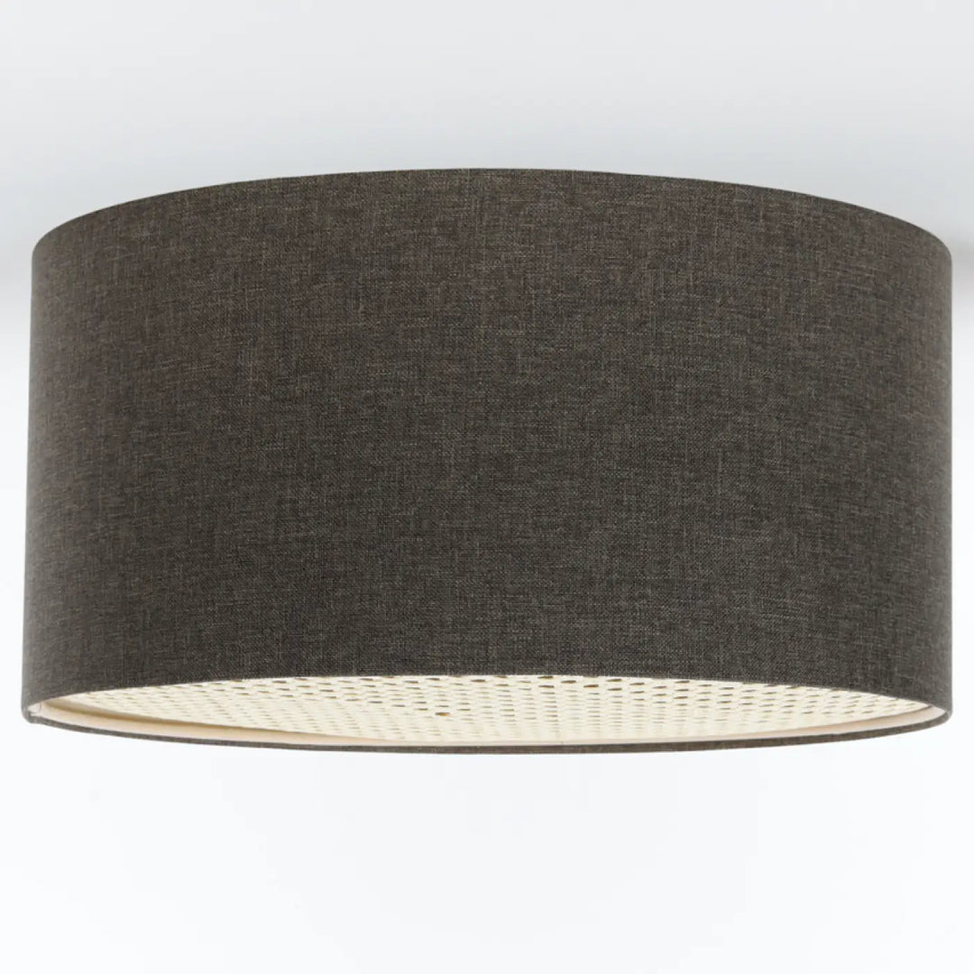 Luminaire plafonnier boho elegant gris marron avec abat-jour en tissu gris foncé texturé et intérieur tissé