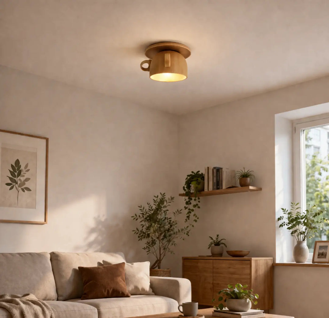 Luminaire plafonnier minimaliste en bois aux tons chauds en forme de tasse à café modele cuppy