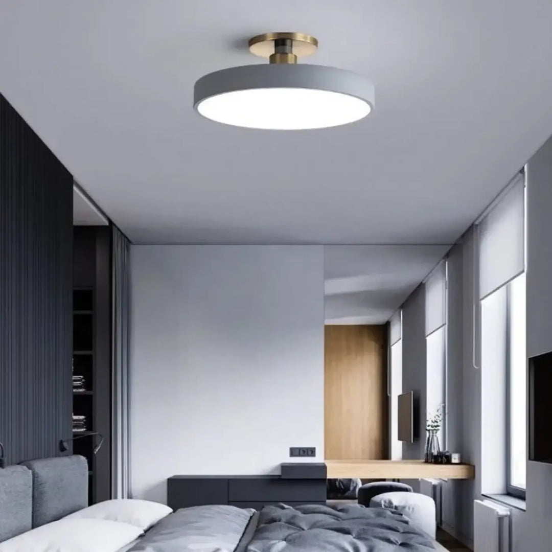 Modern round ceiling light bisco with matte gray shade and polished brass base offering lumière blanche quality