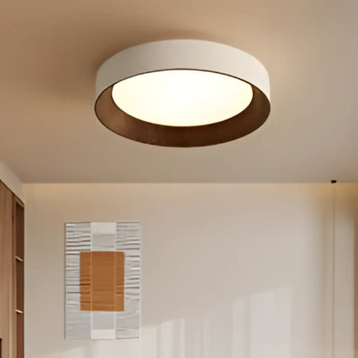 Luminaire plafonnier moderne circulaire avec anneau blanc et bordure intérieure en bois chaleureux