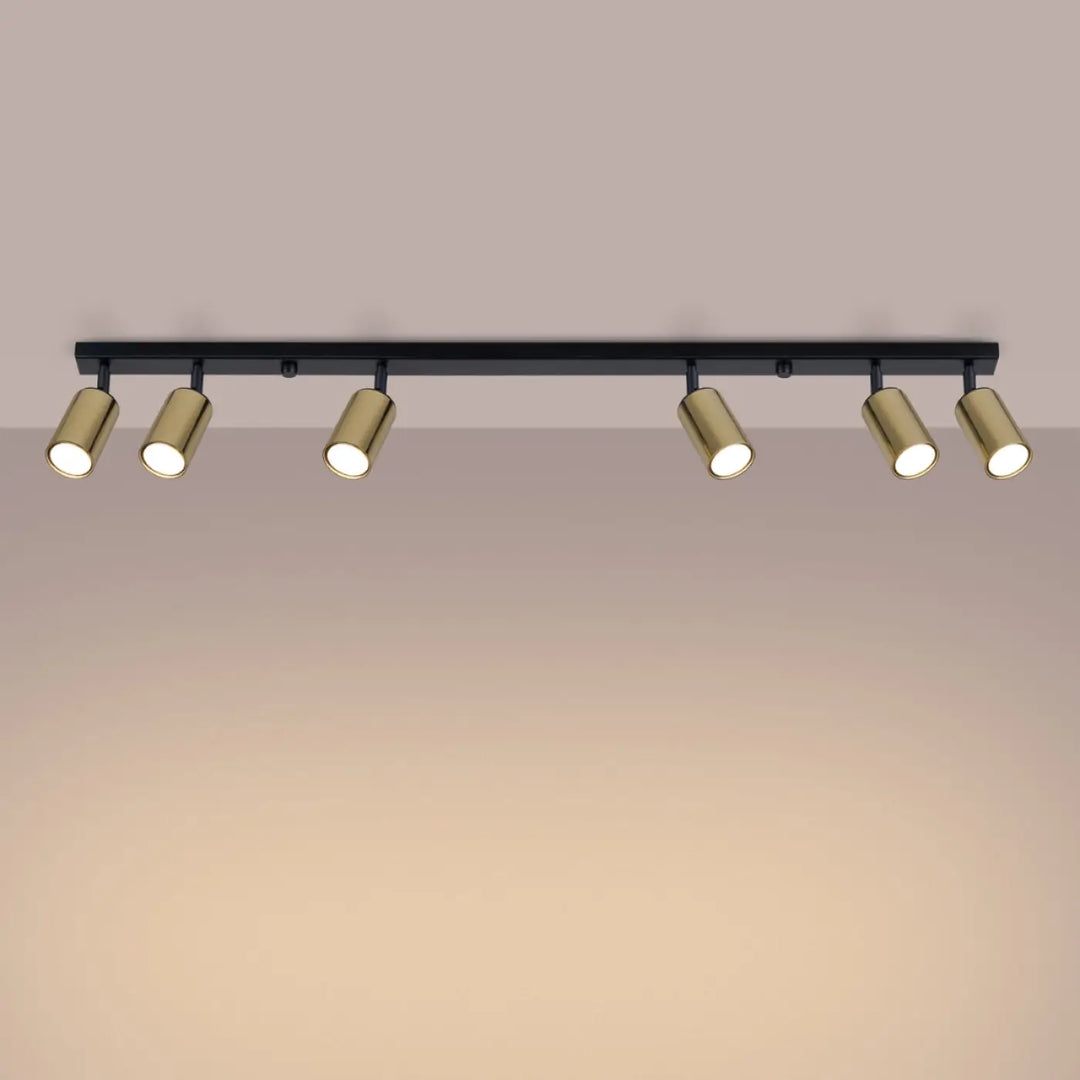 Luminaire plafonnier winx 6l noir avec six spots cylindriques réglables finition dorée design winx allie