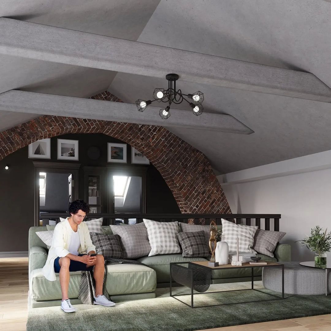 Luminaire plafonnier série artemis 3 noir en fer forgé avec multiples ampoules apparentes créant une atmosphère intime
