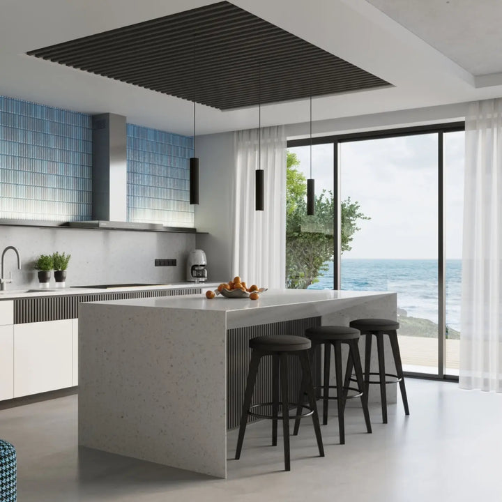Modern black bar stools with cushioned seats and sleek metal frames complement plafonnier karbon allie design minimaliste with ampoules gu10 interchangeables