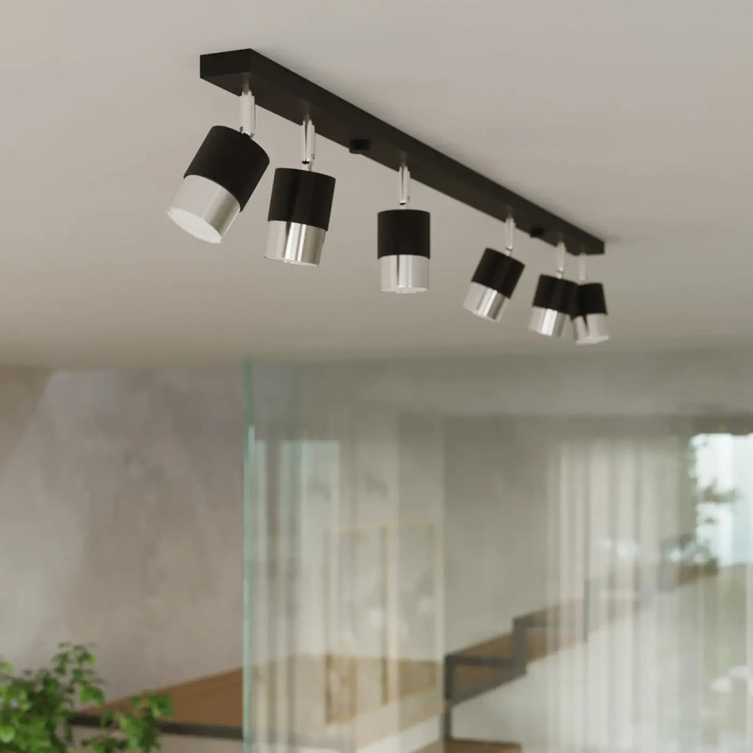 Luminaire plafonnier nero 2 avec cinq spots réglables noir et chrome, plafonnier applique moderne élégant