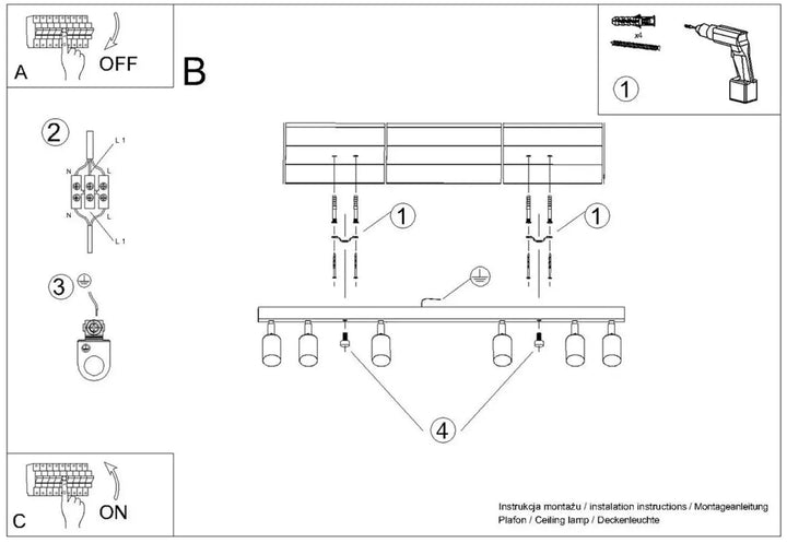 Diagramme dinstallation pour plafonnier winx 6l noir avec six spots réglables lampe winx allie