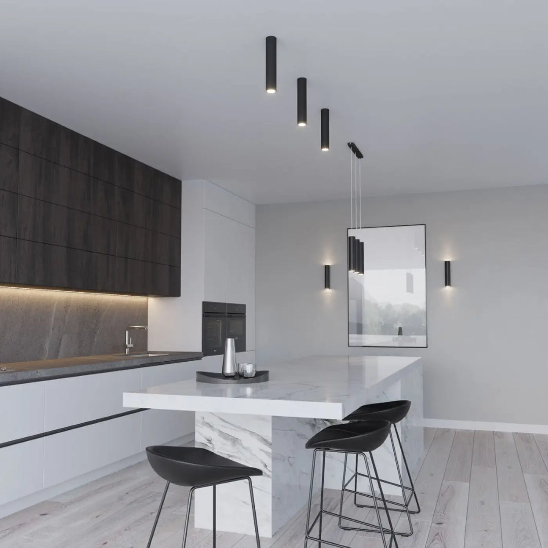 Luminaire plafonnier lagos 30 noir avec tabourets noirs et cadre métallique pour une élégance moderne et lumière fonctionnelle