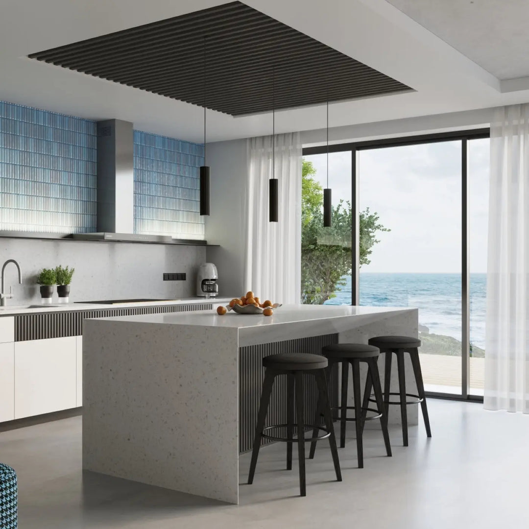 Modern black bar stools with sleek metal frames and cushioned seats complement plafonnier karbon allie design minimaliste