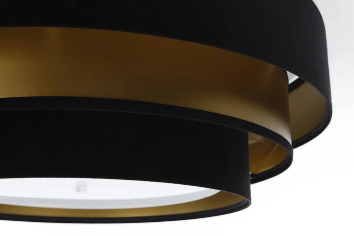 Luminaire plafonnier noir et doré triniti elegant avec abat-jours en tissu et structure en forme de tambour à étages