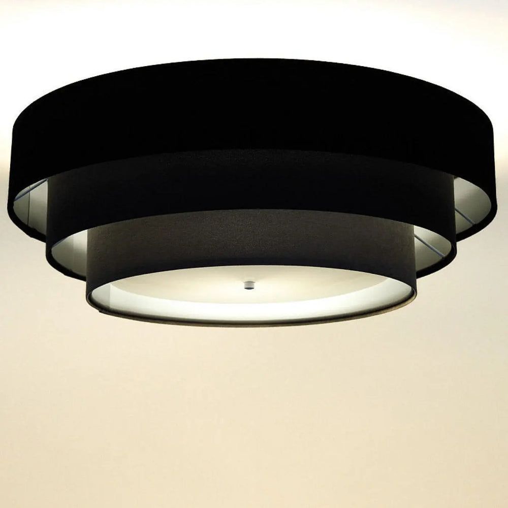 Luminaire plafonnier noir en tissu velours avec abat-jour circulaire superposé noir gris doré pour intérieur moderne