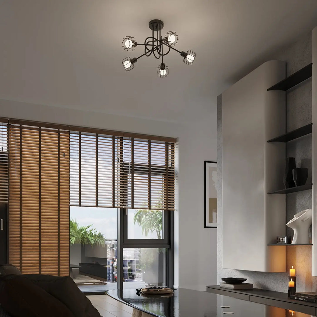 Luminaire plafonnier beluci 2 noir en fer forgé style loft avec cinq bras et globes en verre dépoli collection beluci
