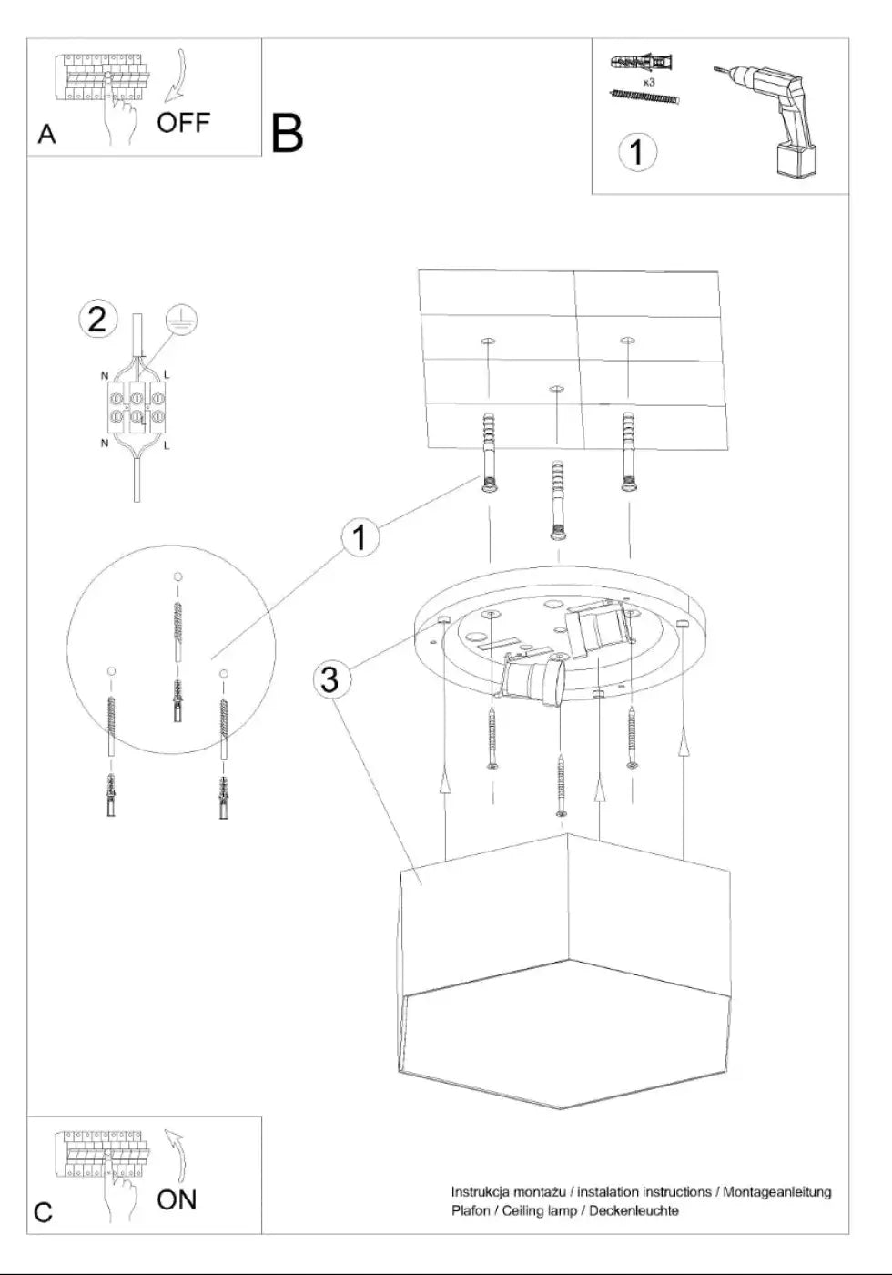 Diagramme dinstallation du luminaire plafonnier sunde 15 noir avec formes géométriques et composants de montage