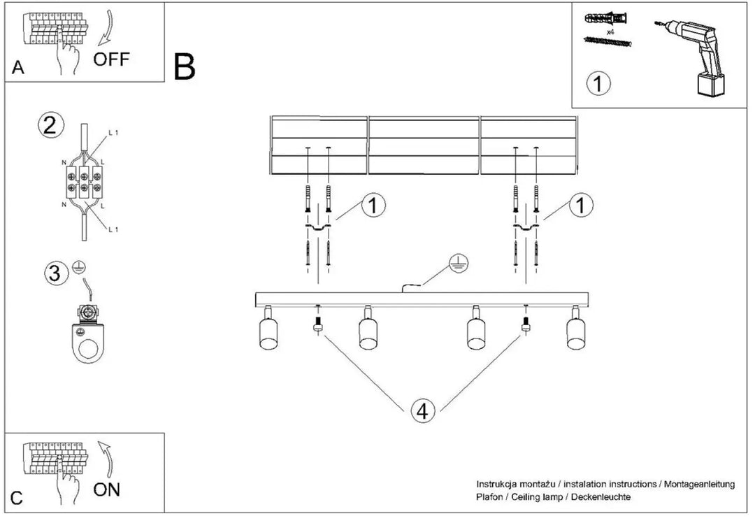 Diagram d’installation d’un plafonnier winx 4l noir avec lampe winx allie et spots ajustables au plafond