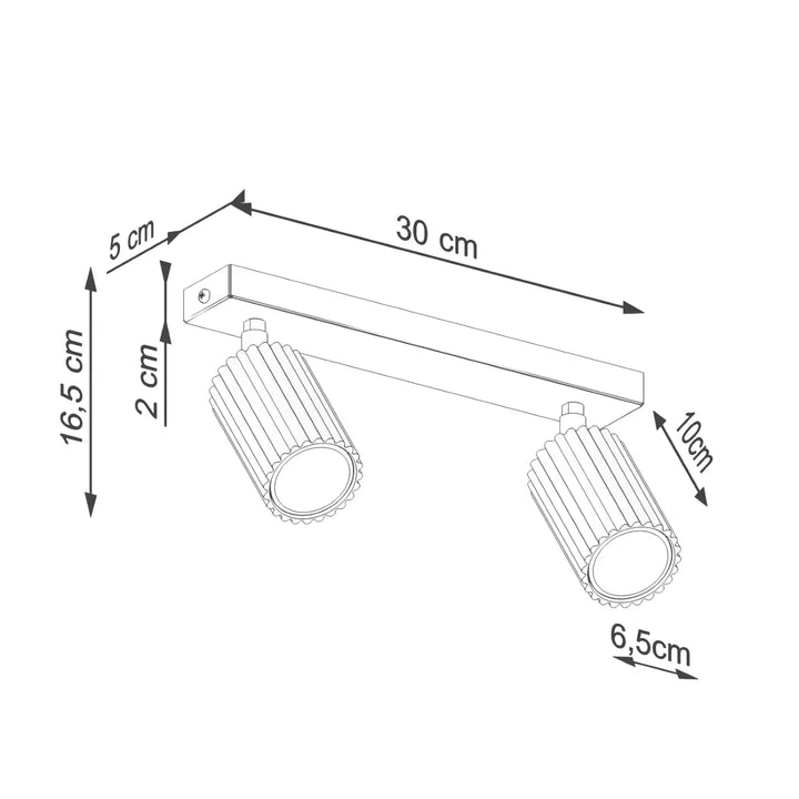Plafonnier karbon allie design minimaliste avec deux têtes cylindriques nervurées noires et ampoules gu10 interchangeables
