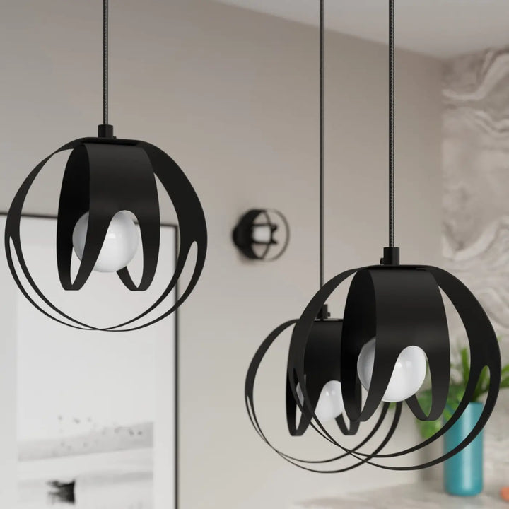 Luminaire plafonnier tulos noir avec lampes tulos à cadres métalliques courbés et points lumineux suspendus blancs