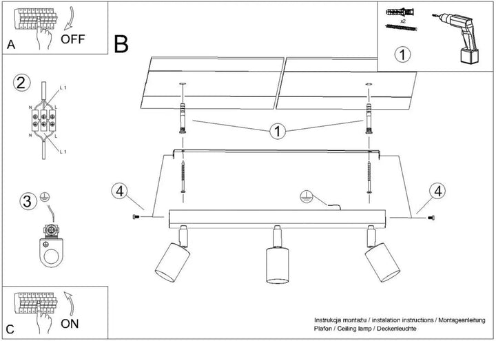 Diagramme d’installation pour plafonnier winx 3 noir cooper avec trois spots ajustables et bras métalliques élégants