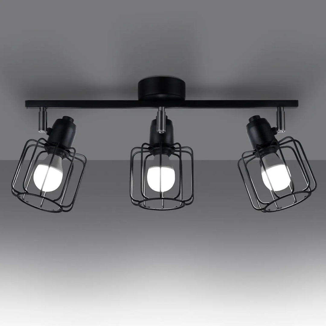 Luminaire plafonnier beluci 3 noir style loft avec trois spots réglables protégés par des cages métalliques