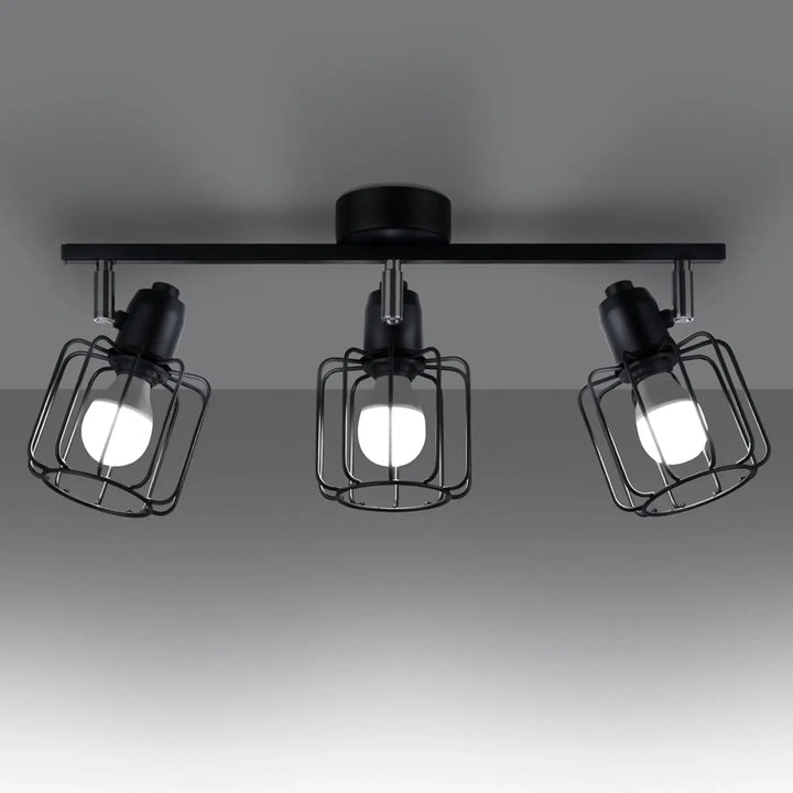 Luminaire plafonnier beluci 3 noir style loft avec trois spots réglables protégés par des cages métalliques