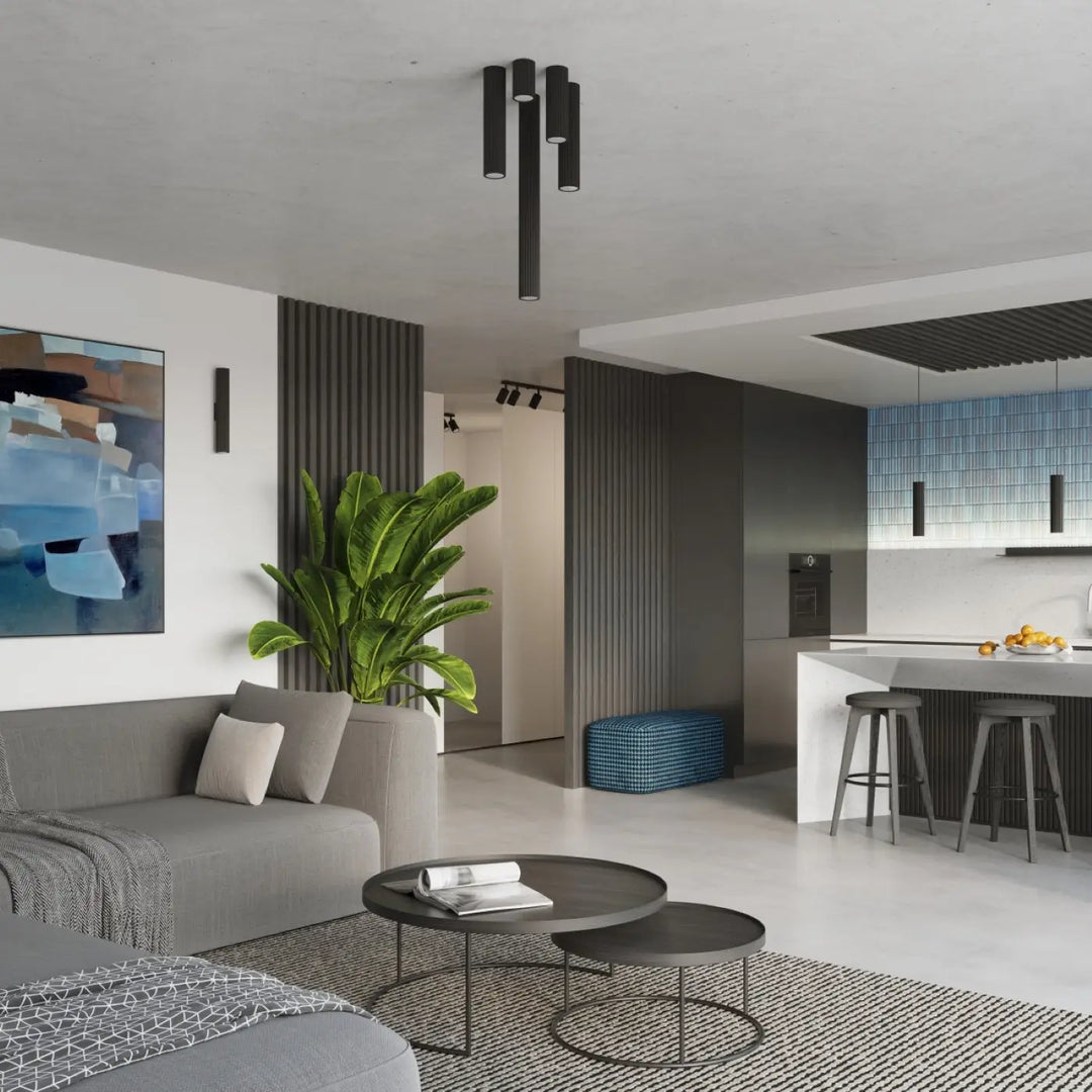 Luminaire plafonnier karbon 40 noir avec design minimaliste et ampoules gu10 interchangeables en cylindre moderne