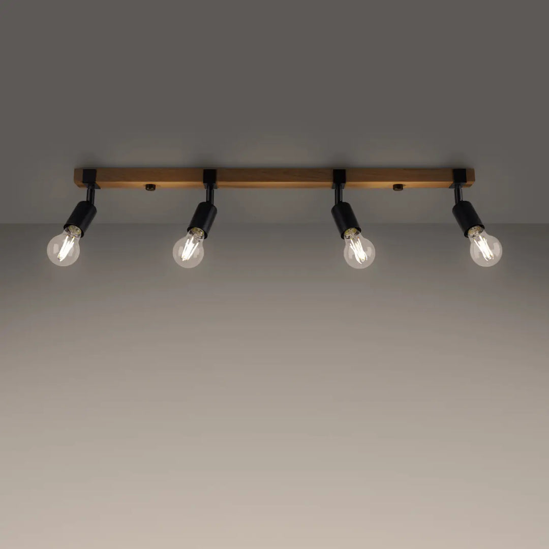 Luminaire plafonnier série zuca 4 noir avec poutre en bois chaud et quatre spots réglables pour œuvres d’art lumineuses