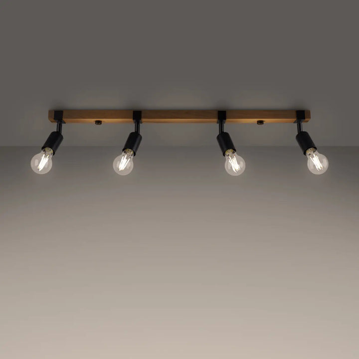 Luminaire plafonnier série zuca 4 noir avec poutre en bois chaud et quatre spots réglables pour œuvres d’art lumineuses