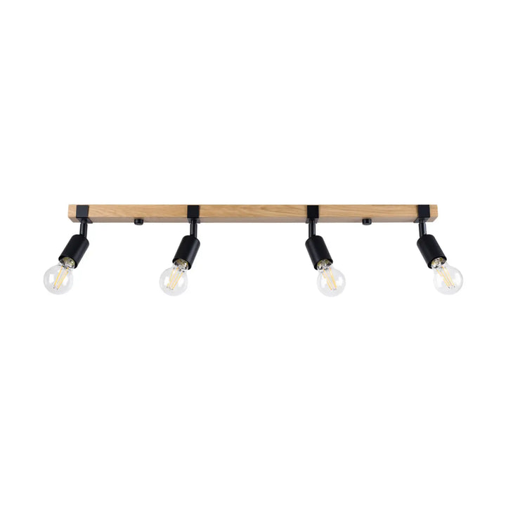 Luminaire plafonnier série zuca 4 noir avec poutre en bois naturel et quatre spots réglables pour œuvres d’art lumineuses